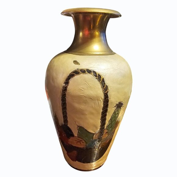 Vintage 8" Brass Enamel Painted Vase Fruit Basket Design Small Chip in Enamel - Picture 2 of 10